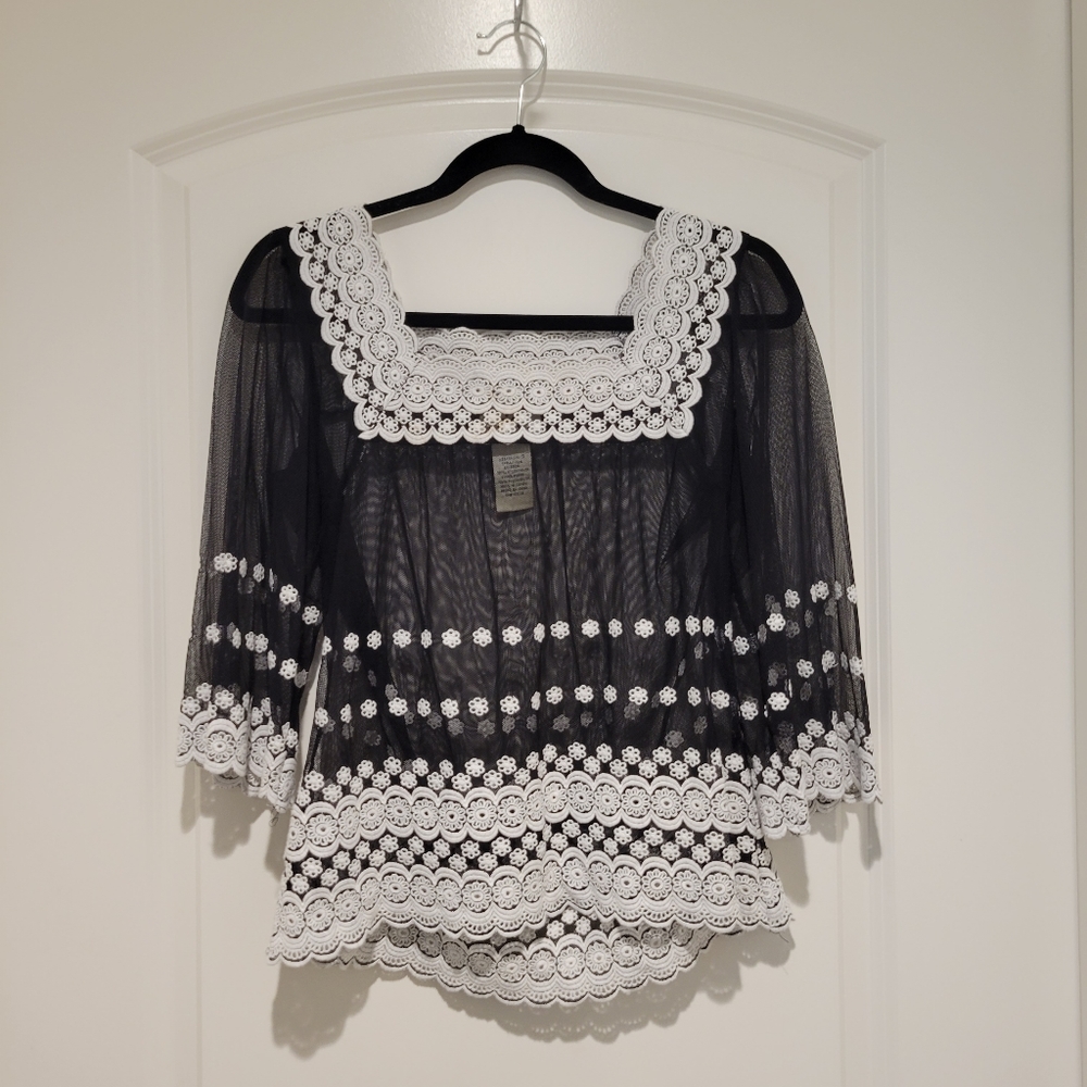 IXE Sheer Black Embroidered Top Small # 557